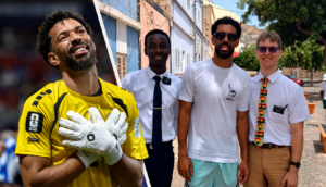Misioneros se toman una foto con Vozinha tras el Mundial